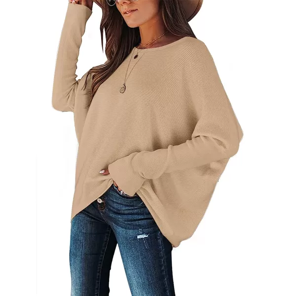 imageANRABESS Womens Off Shoulder Long Batwing Sleeve Oversized Pullover High Low Dolman Sweater Knit Loose Jumper Tunics TopsDeep Apricot
