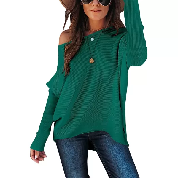 imageANRABESS Womens Off Shoulder Long Batwing Sleeve Oversized Pullover High Low Dolman Sweater Knit Loose Jumper Tunics TopsGrass