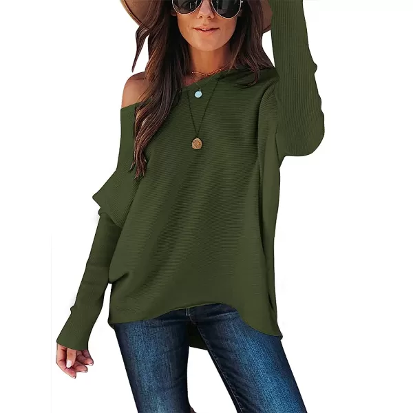 imageANRABESS Womens Off Shoulder Long Batwing Sleeve Oversized Pullover High Low Dolman Sweater Knit Loose Jumper Tunics TopsLight Green