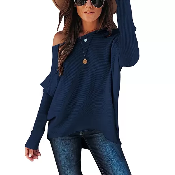 imageANRABESS Womens Off Shoulder Long Batwing Sleeve Oversized Pullover High Low Dolman Sweater Knit Loose Jumper Tunics TopsNavy Blue