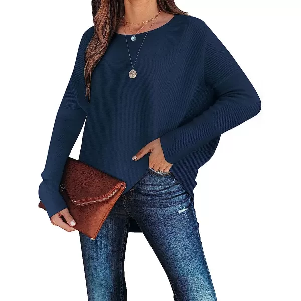 imageANRABESS Womens Off Shoulder Long Batwing Sleeve Oversized Pullover High Low Dolman Sweater Knit Loose Jumper Tunics TopsNavy Blue