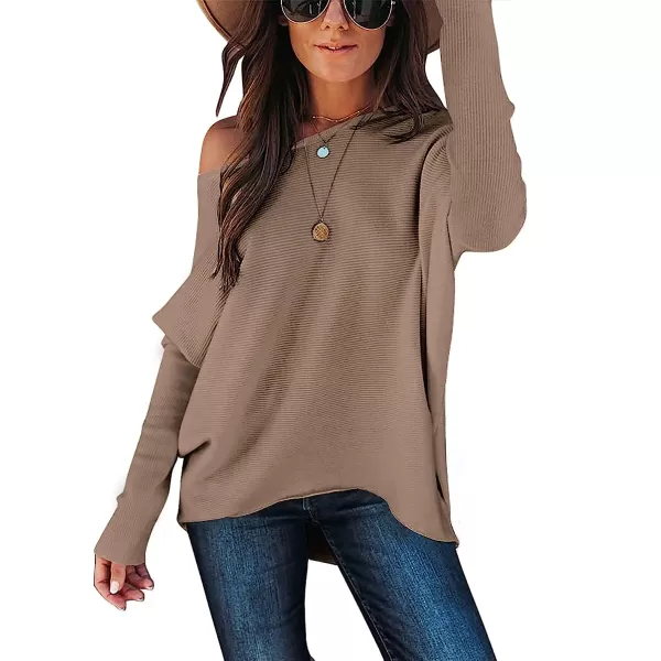 imageANRABESS Womens Off Shoulder Long Batwing Sleeve Oversized Pullover High Low Dolman Sweater Knit Loose Jumper Tunics TopsNutmeg