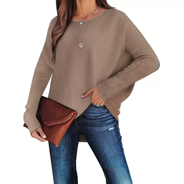 imageANRABESS Womens Off Shoulder Long Batwing Sleeve Oversized Pullover High Low Dolman Sweater Knit Loose Jumper Tunics TopsNutmeg