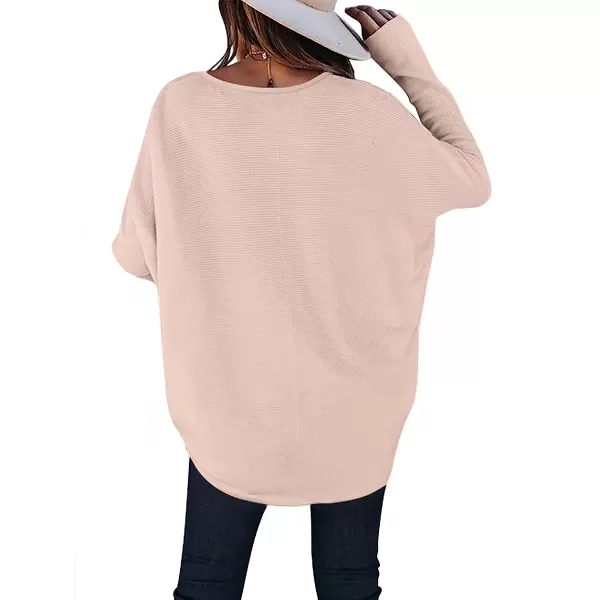 imageANRABESS Womens Off Shoulder Long Batwing Sleeve Oversized Pullover High Low Dolman Sweater Knit Loose Jumper Tunics TopsPink