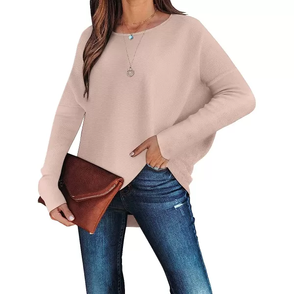 imageANRABESS Womens Off Shoulder Long Batwing Sleeve Oversized Pullover High Low Dolman Sweater Knit Loose Jumper Tunics TopsPink