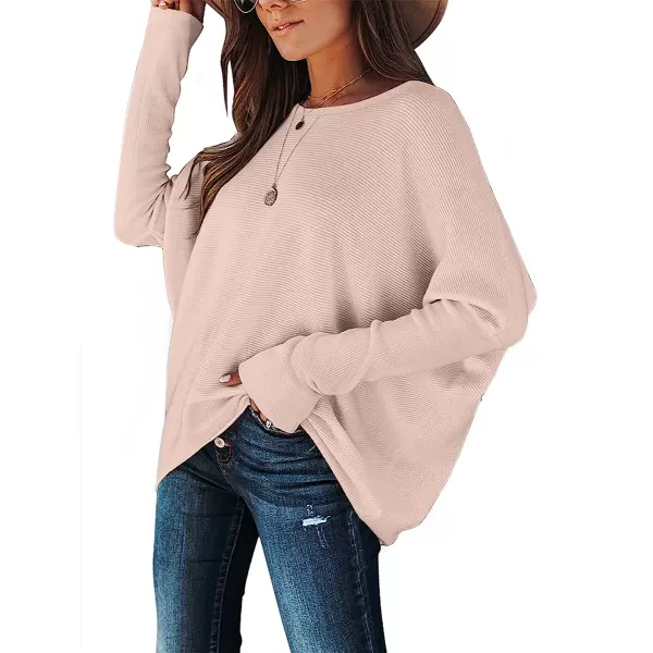 imageANRABESS Womens Off Shoulder Long Batwing Sleeve Oversized Pullover High Low Dolman Sweater Knit Loose Jumper Tunics TopsPink
