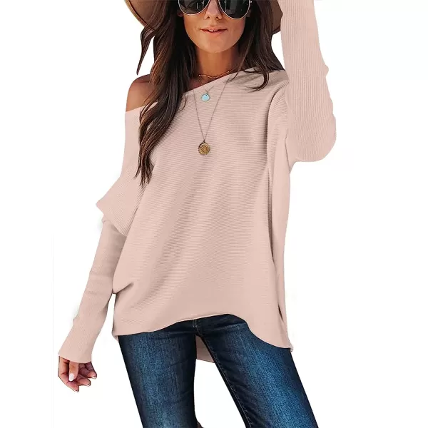 imageANRABESS Womens Off Shoulder Long Batwing Sleeve Oversized Pullover High Low Dolman Sweater Knit Loose Jumper Tunics TopsPink