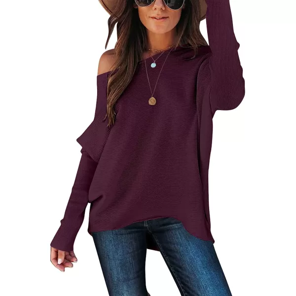 imageANRABESS Womens Off Shoulder Long Batwing Sleeve Oversized Pullover High Low Dolman Sweater Knit Loose Jumper Tunics TopsPurple