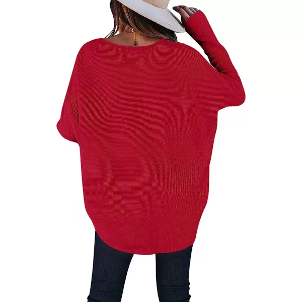 imageANRABESS Womens Off Shoulder Long Batwing Sleeve Oversized Pullover High Low Dolman Sweater Knit Loose Jumper Tunics TopsRed