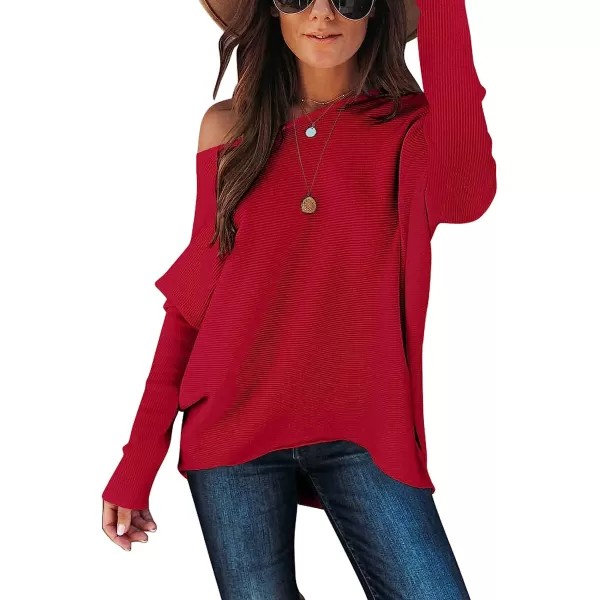 imageANRABESS Womens Off Shoulder Long Batwing Sleeve Oversized Pullover High Low Dolman Sweater Knit Loose Jumper Tunics TopsRed