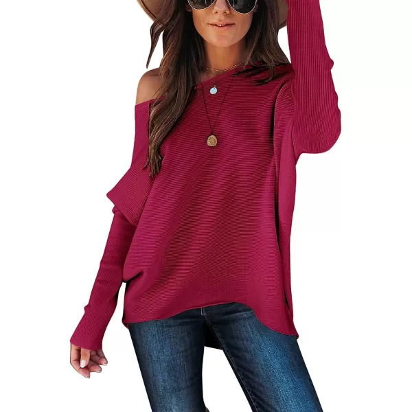 imageANRABESS Womens Off Shoulder Long Batwing Sleeve Oversized Pullover High Low Dolman Sweater Knit Loose Jumper Tunics TopsRose