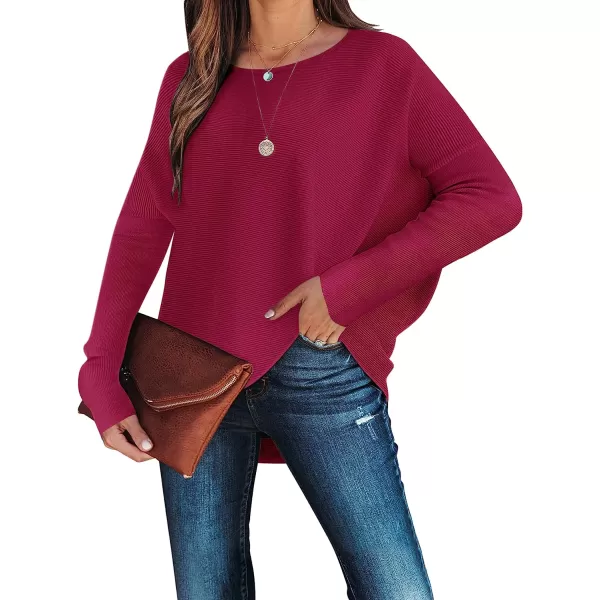 imageANRABESS Womens Off Shoulder Long Batwing Sleeve Oversized Pullover High Low Dolman Sweater Knit Loose Jumper Tunics TopsRose