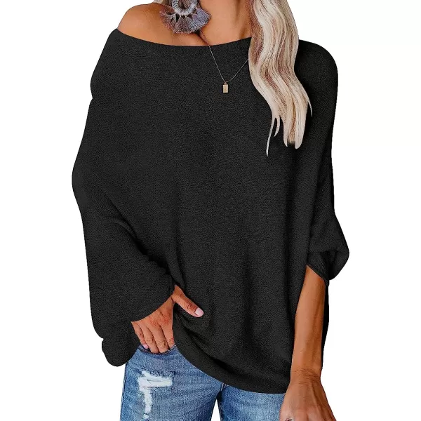 imageANRABESS Womens Off Shoulder Long Sleeve Oversized Pullover Sweater Knit Jumper Loose Tops01black