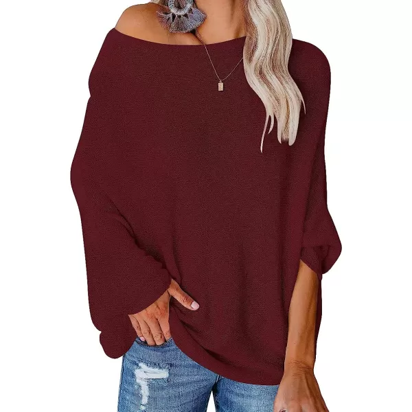 imageANRABESS Womens Off Shoulder Long Sleeve Oversized Pullover Sweater Knit Jumper Loose Tops06winered