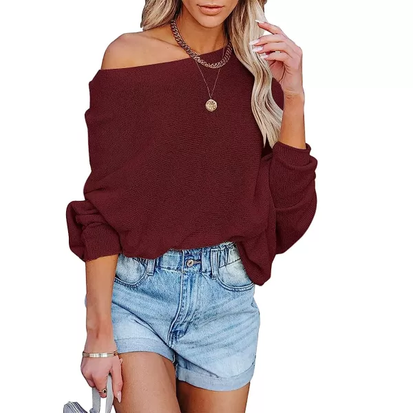 imageANRABESS Womens Off Shoulder Long Sleeve Oversized Pullover Sweater Knit Jumper Loose Tops06winered
