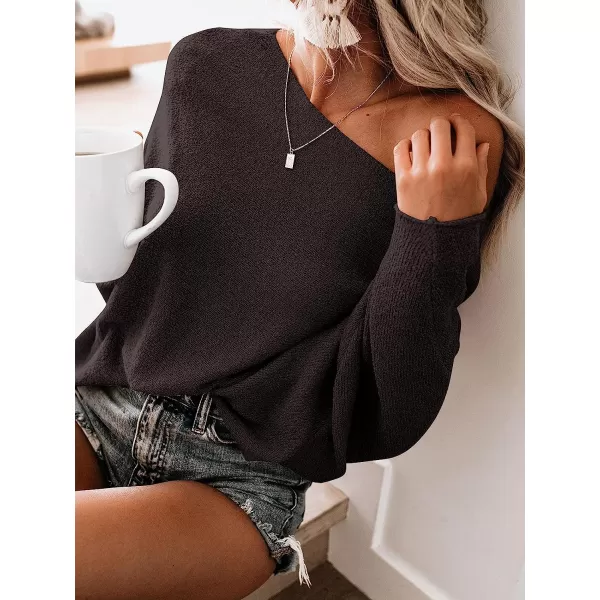 imageANRABESS Womens Off Shoulder Long Sleeve Oversized Pullover Sweater Knit Jumper Loose Tops08coffee