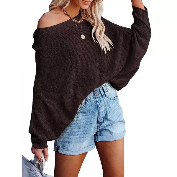 imageANRABESS Womens Off Shoulder Long Sleeve Oversized Pullover Sweater Knit Jumper Loose Tops08coffee