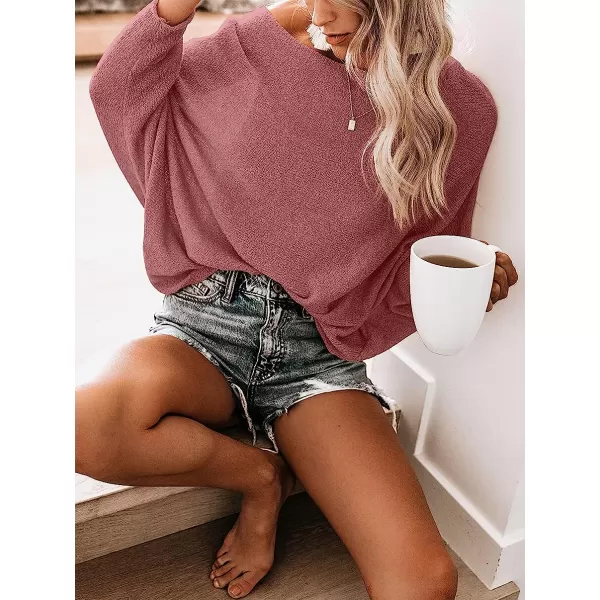 imageANRABESS Womens Off Shoulder Long Sleeve Oversized Pullover Sweater Knit Jumper Loose Tops09pink
