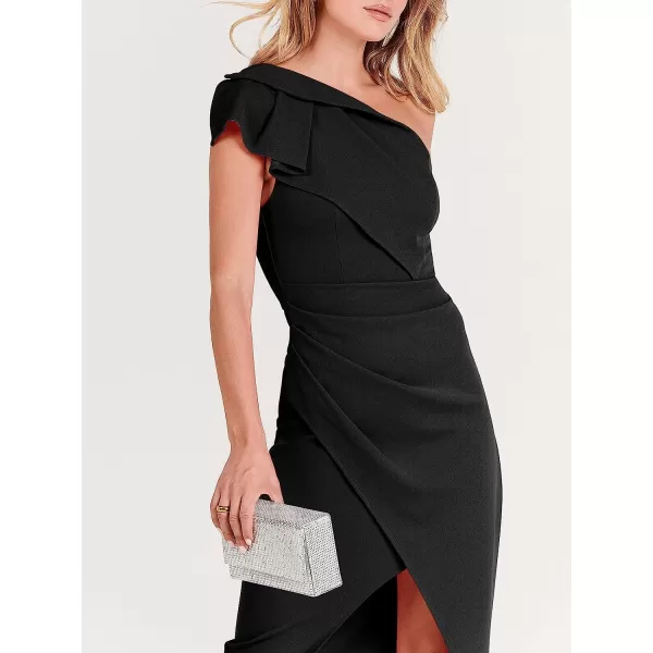 imageANRABESS Womens One Shoulder Cocktail Midi Dress Sleeveless Ruffle Wrap Ruched Bodycon Formal Wedding Guest DressesBlack