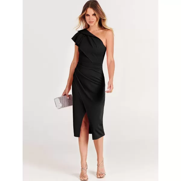 imageANRABESS Womens One Shoulder Cocktail Midi Dress Sleeveless Ruffle Wrap Ruched Bodycon Formal Wedding Guest DressesBlack