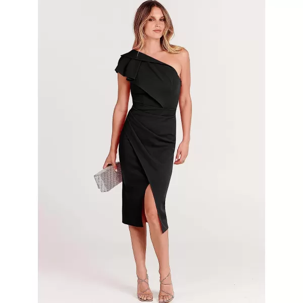 imageANRABESS Womens One Shoulder Cocktail Midi Dress Sleeveless Ruffle Wrap Ruched Bodycon Formal Wedding Guest DressesBlack