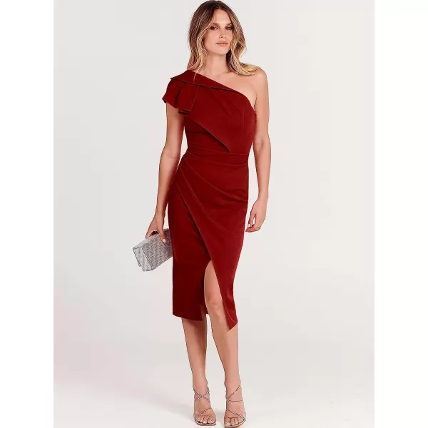 imageANRABESS Womens One Shoulder Cocktail Midi Dress Sleeveless Ruffle Wrap Ruched Bodycon Formal Wedding Guest DressesBurgundy