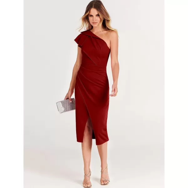 imageANRABESS Womens One Shoulder Cocktail Midi Dress Sleeveless Ruffle Wrap Ruched Bodycon Formal Wedding Guest DressesBurgundy