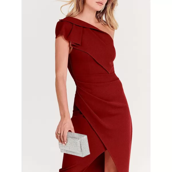 imageANRABESS Womens One Shoulder Cocktail Midi Dress Sleeveless Ruffle Wrap Ruched Bodycon Formal Wedding Guest DressesBurgundy