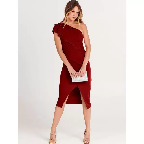 imageANRABESS Womens One Shoulder Cocktail Midi Dress Sleeveless Ruffle Wrap Ruched Bodycon Formal Wedding Guest DressesBurgundy
