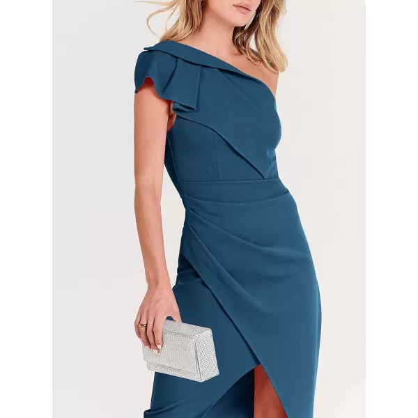 imageANRABESS Womens One Shoulder Cocktail Midi Dress Sleeveless Ruffle Wrap Ruched Bodycon Formal Wedding Guest DressesDeep Blue