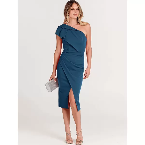 imageANRABESS Womens One Shoulder Cocktail Midi Dress Sleeveless Ruffle Wrap Ruched Bodycon Formal Wedding Guest DressesDeep Blue