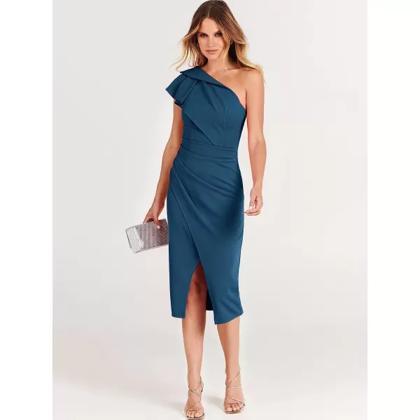 imageANRABESS Womens One Shoulder Cocktail Midi Dress Sleeveless Ruffle Wrap Ruched Bodycon Formal Wedding Guest DressesDeep Blue