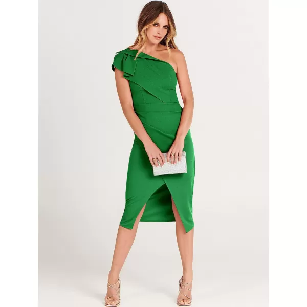 imageANRABESS Womens One Shoulder Cocktail Midi Dress Sleeveless Ruffle Wrap Ruched Bodycon Formal Wedding Guest DressesGrass