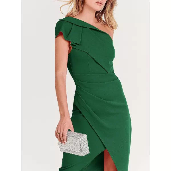 imageANRABESS Womens One Shoulder Cocktail Midi Dress Sleeveless Ruffle Wrap Ruched Bodycon Formal Wedding Guest DressesGreen