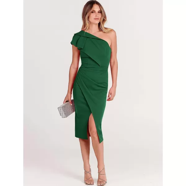 imageANRABESS Womens One Shoulder Cocktail Midi Dress Sleeveless Ruffle Wrap Ruched Bodycon Formal Wedding Guest DressesGreen