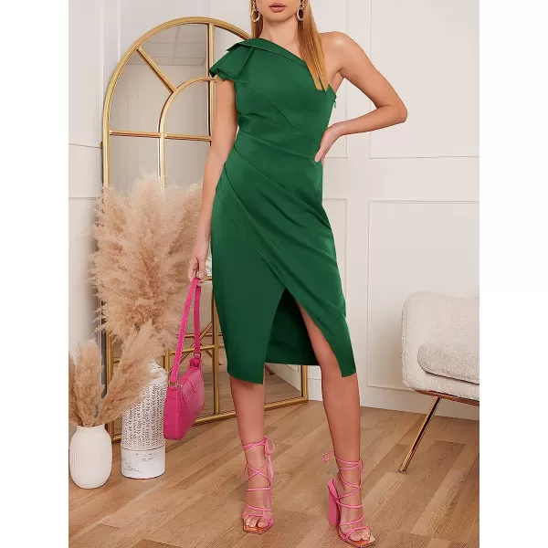 imageANRABESS Womens One Shoulder Cocktail Midi Dress Sleeveless Ruffle Wrap Ruched Bodycon Formal Wedding Guest DressesGreen