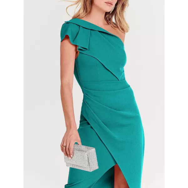 imageANRABESS Womens One Shoulder Cocktail Midi Dress Sleeveless Ruffle Wrap Ruched Bodycon Formal Wedding Guest DressesLake