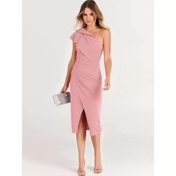 imageANRABESS Womens One Shoulder Cocktail Midi Dress Sleeveless Ruffle Wrap Ruched Bodycon Formal Wedding Guest DressesLight Pink