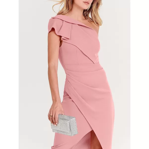 imageANRABESS Womens One Shoulder Cocktail Midi Dress Sleeveless Ruffle Wrap Ruched Bodycon Formal Wedding Guest DressesLight Pink