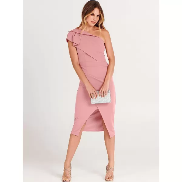 imageANRABESS Womens One Shoulder Cocktail Midi Dress Sleeveless Ruffle Wrap Ruched Bodycon Formal Wedding Guest DressesLight Pink