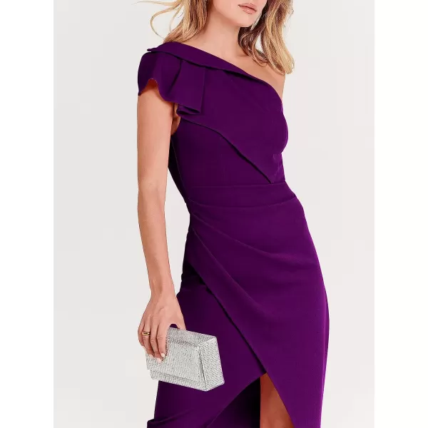 imageANRABESS Womens One Shoulder Cocktail Midi Dress Sleeveless Ruffle Wrap Ruched Bodycon Formal Wedding Guest DressesPurple