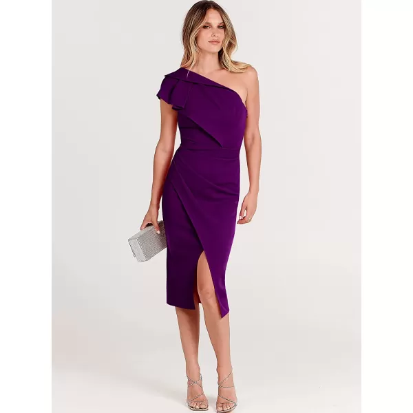 imageANRABESS Womens One Shoulder Cocktail Midi Dress Sleeveless Ruffle Wrap Ruched Bodycon Formal Wedding Guest DressesPurple
