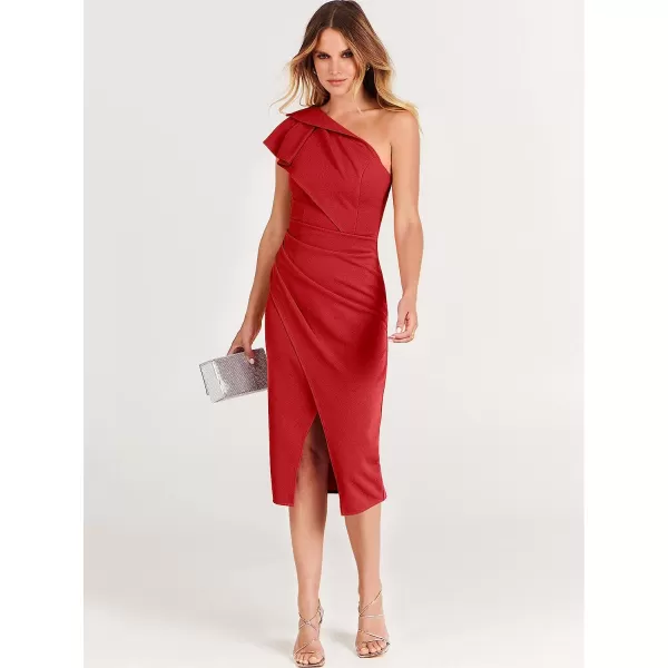 imageANRABESS Womens One Shoulder Cocktail Midi Dress Sleeveless Ruffle Wrap Ruched Bodycon Formal Wedding Guest DressesRed