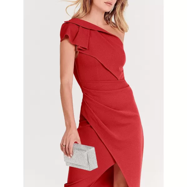 imageANRABESS Womens One Shoulder Cocktail Midi Dress Sleeveless Ruffle Wrap Ruched Bodycon Formal Wedding Guest DressesRed