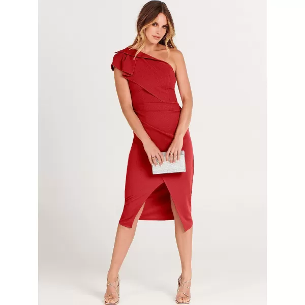 imageANRABESS Womens One Shoulder Cocktail Midi Dress Sleeveless Ruffle Wrap Ruched Bodycon Formal Wedding Guest DressesRed