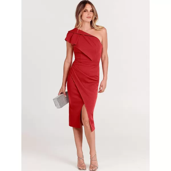 imageANRABESS Womens One Shoulder Cocktail Midi Dress Sleeveless Ruffle Wrap Ruched Bodycon Formal Wedding Guest DressesRed
