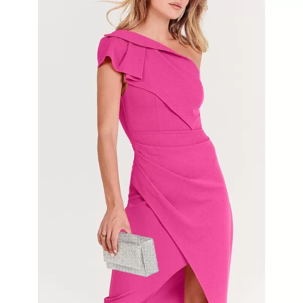 imageANRABESS Womens One Shoulder Cocktail Midi Dress Sleeveless Ruffle Wrap Ruched Bodycon Formal Wedding Guest DressesRose