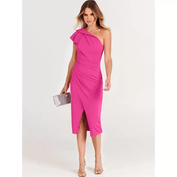 imageANRABESS Womens One Shoulder Cocktail Midi Dress Sleeveless Ruffle Wrap Ruched Bodycon Formal Wedding Guest DressesRose