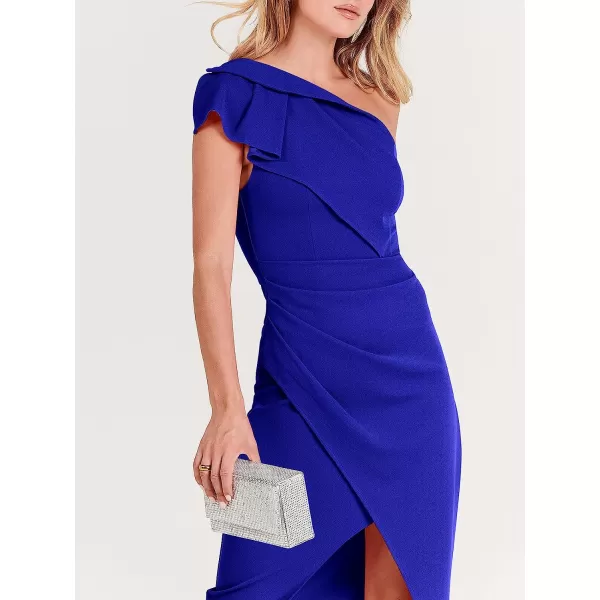 imageANRABESS Womens One Shoulder Cocktail Midi Dress Sleeveless Ruffle Wrap Ruched Bodycon Formal Wedding Guest DressesRoyal Blue