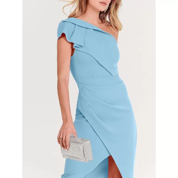 imageANRABESS Womens One Shoulder Cocktail Midi Dress Sleeveless Ruffle Wrap Ruched Bodycon Formal Wedding Guest DressesSky